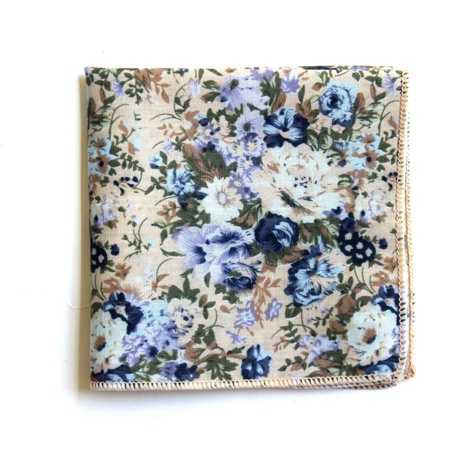 Blue Beige Floral 100 Cotton Pocket Square Handkerchief New 8 Inches